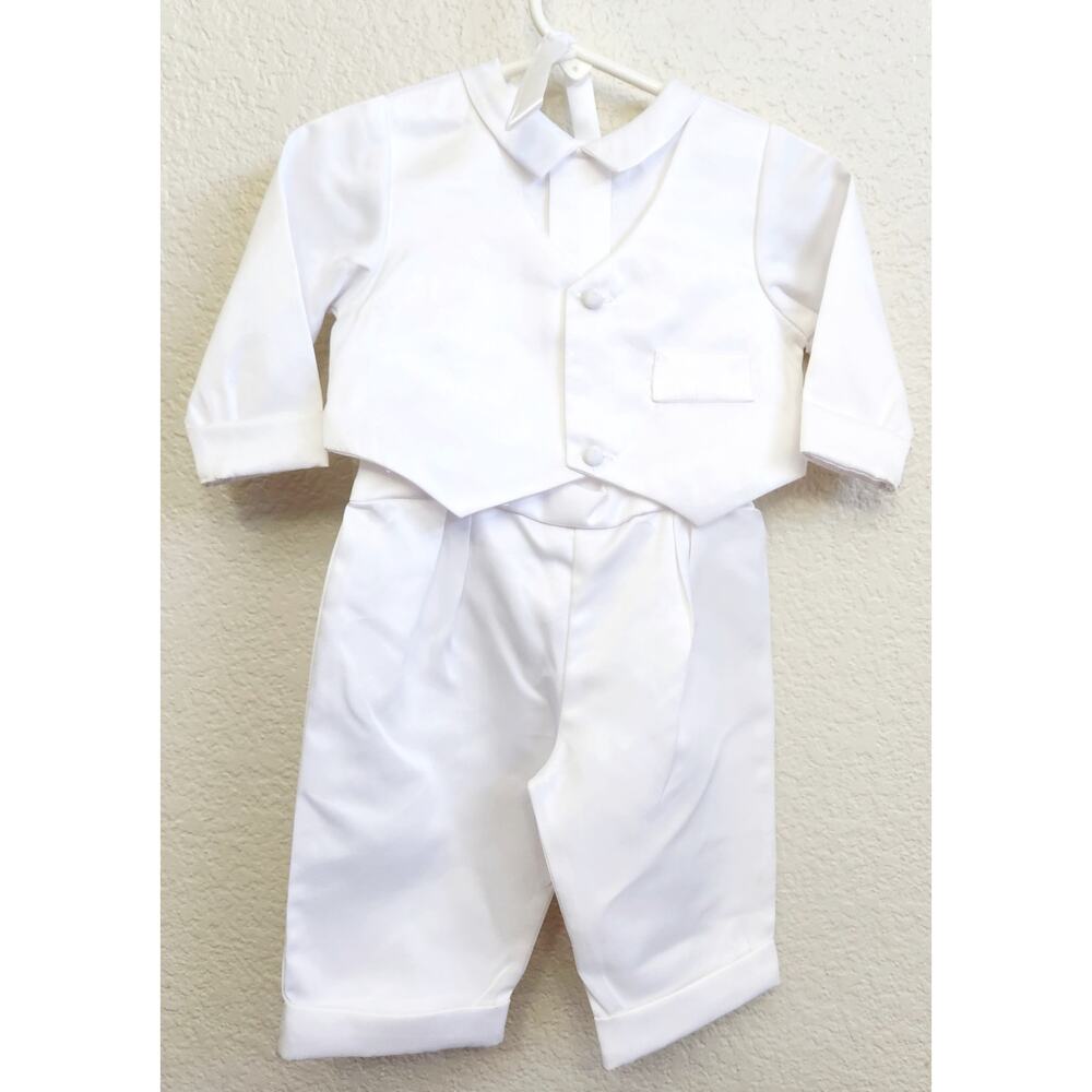 White 3 Pc Dress Pants and Shirt & Vest Combo With Bonnet 6-9 Months Lightweight